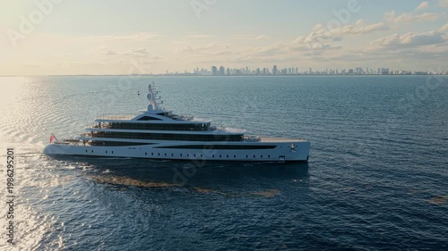 Aerial view motorboat. Luxury lifestyle. Vacation on summer. Yacht at sea. Motorboat aerial top view. Luxury boat motor yacht at sea. Yachting boat tourism. Motorboat gliding through the sea