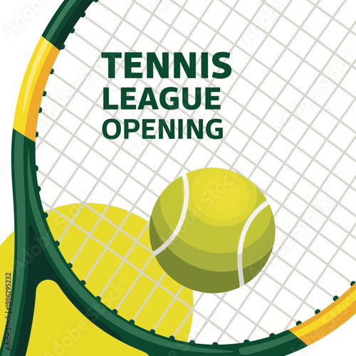 Vibrant Tennis League Opening: Dynamic Design Showcasing Rackets And Ball Play Illustration