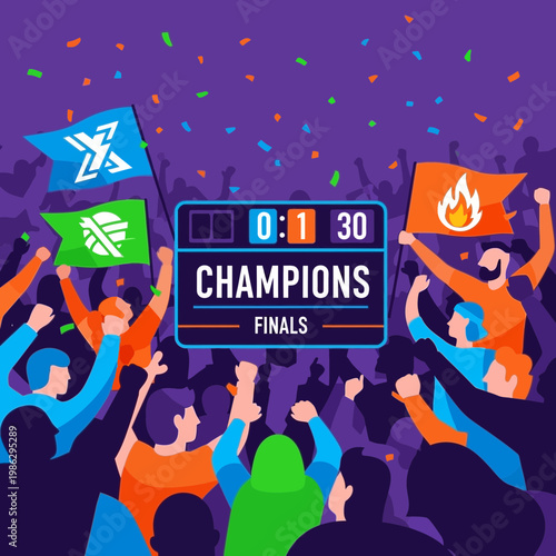 Victory Celebration: Champions' Finals Crowd Cheering Amidst Digital Game Scoreboard