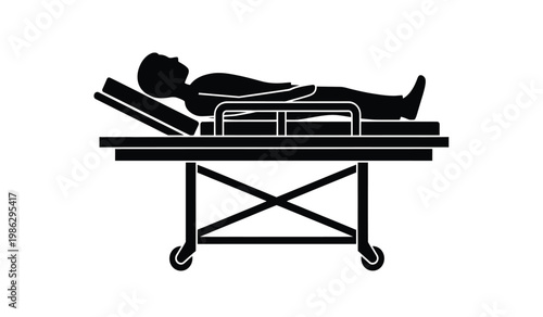 A stark black silhouette depicts a person lying prone on a hospital bed or gurney illustrating themes of illness rest or vulnerability silhouette
