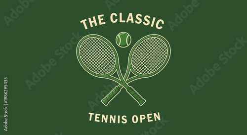 Vintage Tennis Illustration Featuring Crossed Racquets and Tennis Ball with Elegant Design