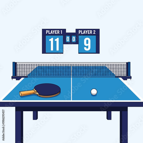 Vivid Illustration of a Table Tennis Match Depicting Scoreboard, Racket, and Ball