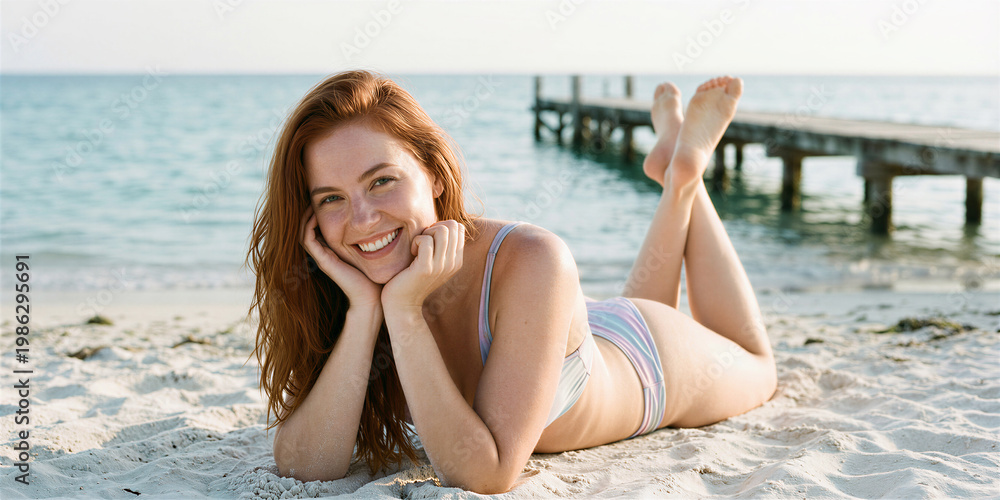 Fototapeta premium Red-haired woman wearing white and pastel-striped bikini lies on her stomach on the sandy beach with her legs raised, pier in the background, serene sea.