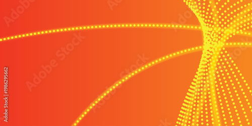 Abstract orange background with glowing yellow dotted light trails and flowing particle wave. Modern digital technology and data connection concept for banner design. Vector Illustration.