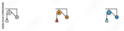 Pulley system icon set for mechanical engineering and education. Minimalist collection of lifting load and simple machine weight symbols. Vector Illustration.