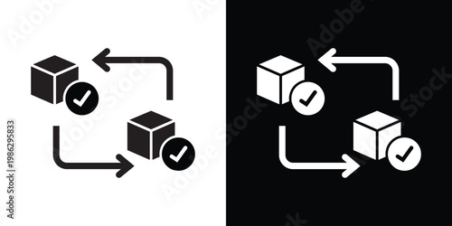 3D box icons with checkmarks and sync arrows symbolizing efficient supply chain management, delivery verification, inventory updates, and logistics process automation.