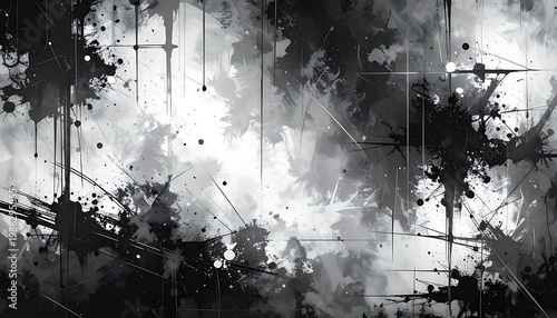 Dynamic, black-and-white abstract featuring splatters, drips, and lines creating a chaotic, energetic composition