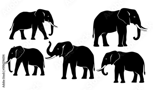 Geometric elephant silhouette vector set in multiple poses for wildlife, safari, logos, and merchandise