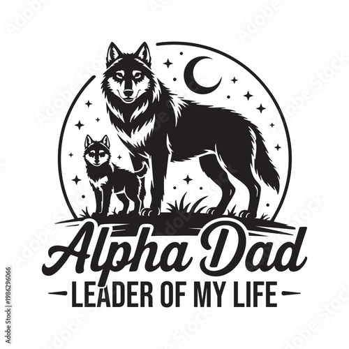 Wolf family silhouette with crescent moon and alpha dad text a loving tribute