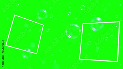 A video showcasing two white squares floating on a vibrant green background with bubbles rising up