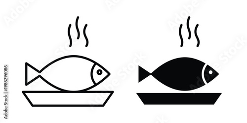 Cooked fish icon symbol collection, Stroke and flat icons