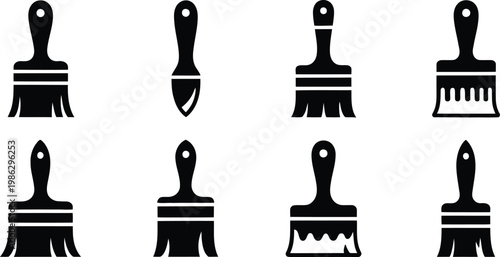 Collection of assorted paint brush icons in black silhouette