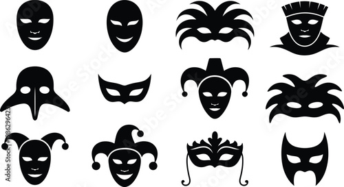 Collection of decorative masquerade masks in black silhouette