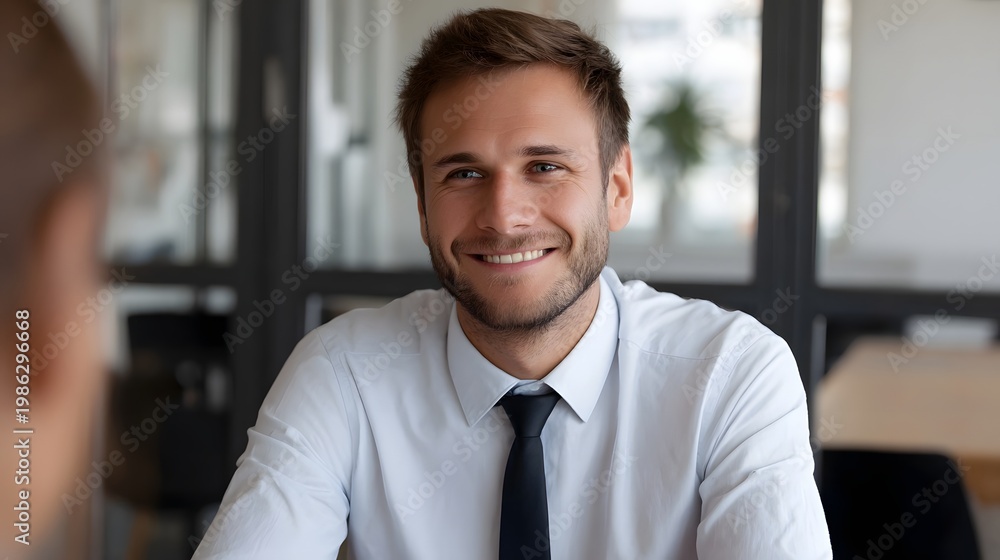 Obraz premium A confident smiling professional discusses a deal during a modern business meeting in a bright contemporary office