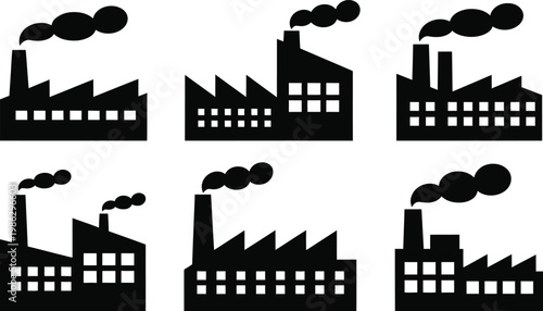 Collection of industrial factory icons with smoke plumes