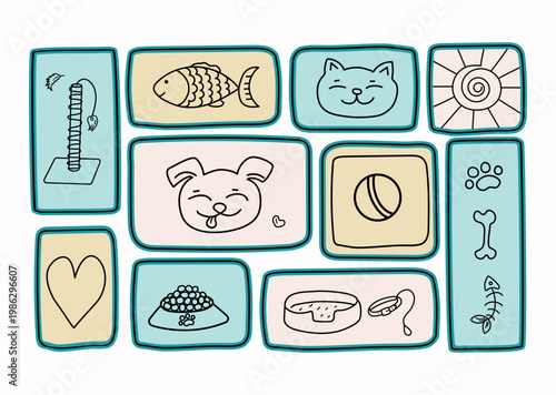 Cat and dog muzzle. Pets in frames and tiles. Stickers, drawings, and doodles. Pet supplies, food, toys, and accessories for grooming and feeding cats and dogs.