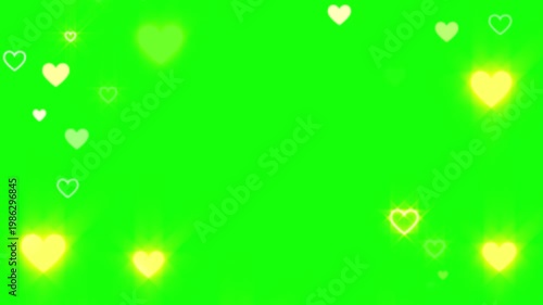 A video showcasing a vibrant green background with floating yellow and white hearts in a romantic animation video.