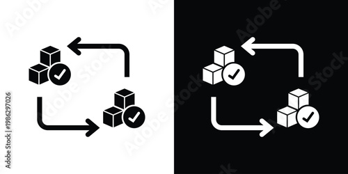 3D box icons with checkmarks and sync arrows symbolizing efficient supply chain management, delivery verification, inventory updates, and logistics process automation.
