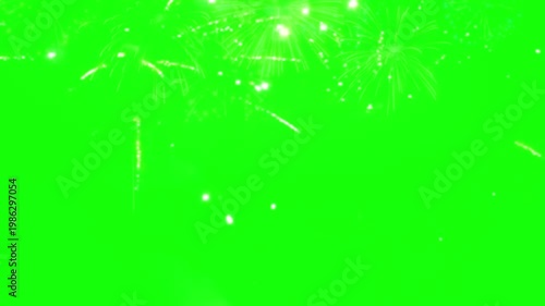 A vibrant video showcasing a bright green background with fireworks exploding in the top corner