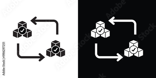 3D box icons with checkmarks and sync arrows symbolizing efficient supply chain management, delivery verification, inventory updates, and logistics process automation.