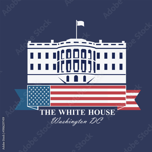 white house building icon in Washington DC isolated on blue background