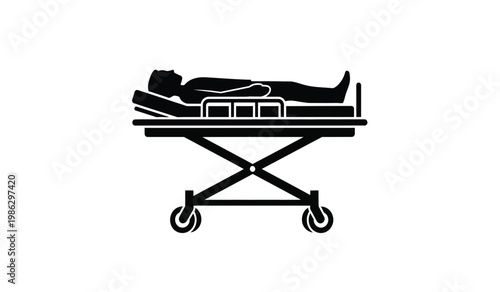 A stark black silhouette depicts a person lying on a hospital gurney with wheels suggesting medical emergency or transport silhouette high quality professional detailed