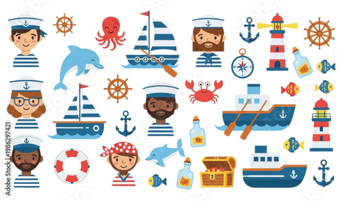 Sea adventure vector set cute sailors boats nautical flat illustration