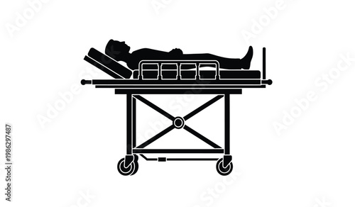 A stark black silhouette depicts a patient lying on a hospital gurney with wheels emphasizing medical emergency and care silhouette high quality professional detailed