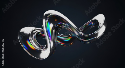 Abstract chrome loop flowing against a dark background reflective surface