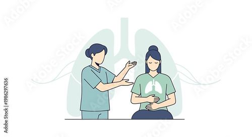 Doctor consulting patient about respiratory health, lung diagram background