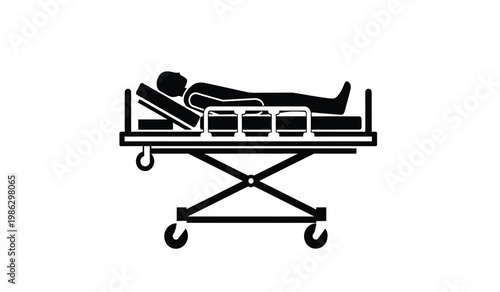 Bild auf Leinwand A stark black silhouette depicts a person lying on a hospital bed with wheels su