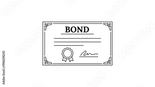 A clean minimalist black line vector icon of a bond certificate illustration on white. Features a formal document design with a decorative border, official seal, and signature line for finance.