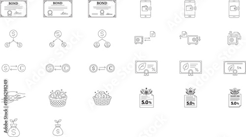 Finance and Investment Vector Icon Set: 26 Minimalist Black Line Illustrations of Bond Certificates, Digital Wallets, Currency Exchange, Escrow, Mutual Funds, Venture Capital, and Green Bonds.