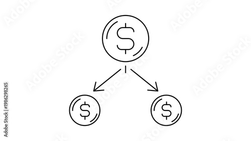 Dividend payment and profit sharing minimalist black line vector icon illustration featuring a dollar coin splitting into two smaller coins with arrows for financial growth and money distribution.