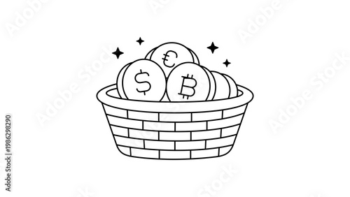 Mutual Fund Investment Vector Icon: A Minimalist Black Line Illustration of a Basket Filled with Dollar, Euro, and Bitcoin Coins, Representing Asset Diversification and Financial Growth.