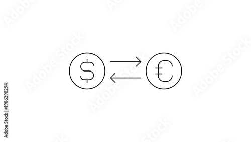 Minimalist black line vector icon illustration of a dollar and euro coin with exchange arrows on a white background, representing currency conversion, foreign exchange, and global finance.