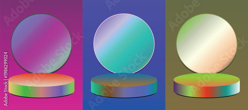 Abstract 3D render of gradient spheres on podiums with vibrant color spectrum reflections