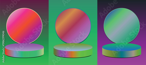 Three abstract gradient circles on podiums with vibrant color transitions against a dark background