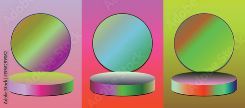 Abstract Circular Forms with Gradient Shading on Pedestals Against Colored Backgrounds