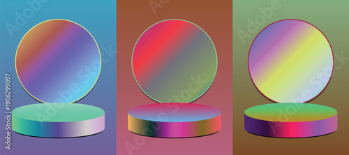 Three iridescent spheres on podiums with colorful gradient backgrounds and reflective surfaces