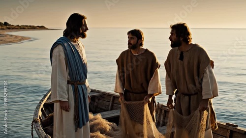 Jesus calling fishermen on the shore of the Sea of Galilee at sunrise - Peter and Andrew leaving nets and boat to follow him, beginning the ministry of the disciples