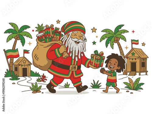 Cartoon rastafarian santa claus delivers gift vector