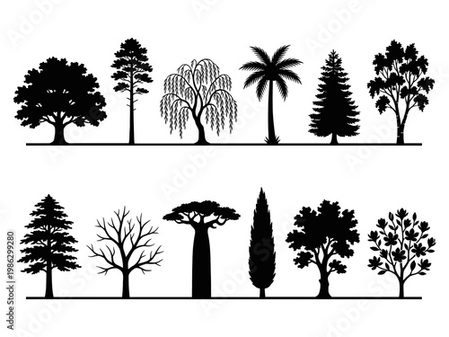 Collection of tree types and kinds in silhouette form vector