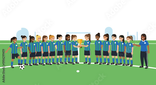 Diverse girl soccer team celebrates winning trophy on green field with coach