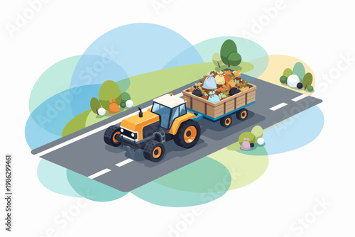 Isometric tractor towing trailer with leaves for environment cleaning