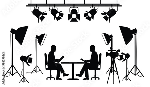 A brightly lit stage setup showcases two individuals seated at a table facing each other during an interview or discussion silhouette high quality professional