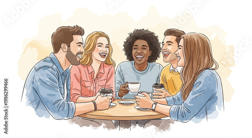 Diverse group of friends laughing and enjoying coffee together at a cafe table
