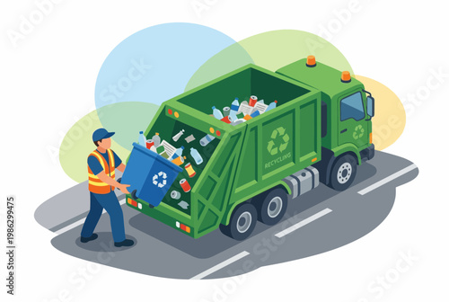 Waste Management Worker Loading Recycling Truck Vector Illustration