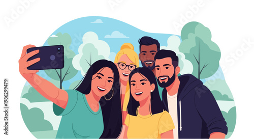 Diverse group of friends taking a selfie in a park on a sunny day