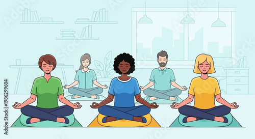Diverse group of people meditating together in a bright, modern office space, promoting wellness.